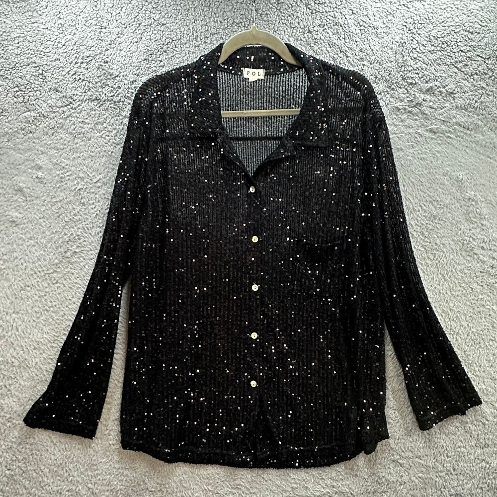 POL Women's Large Black Sequin Sheer Button Down Shirt Long Sleeve Evening Party